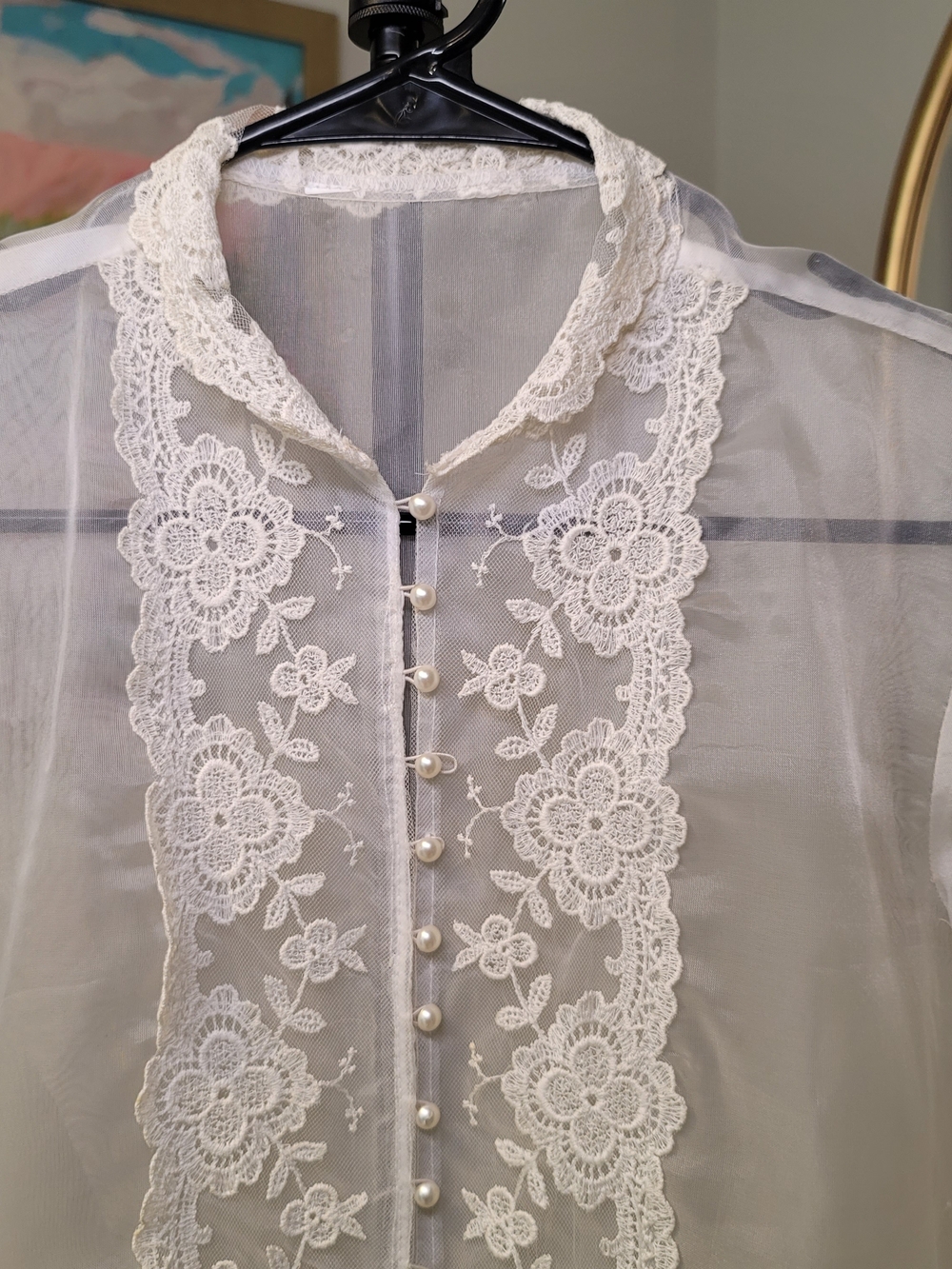 VINTAGE Shelley Johnson Twin Peaks Sheer Peplum Blouse Lace Trim Pearl Buttons - Picture 12 of 15